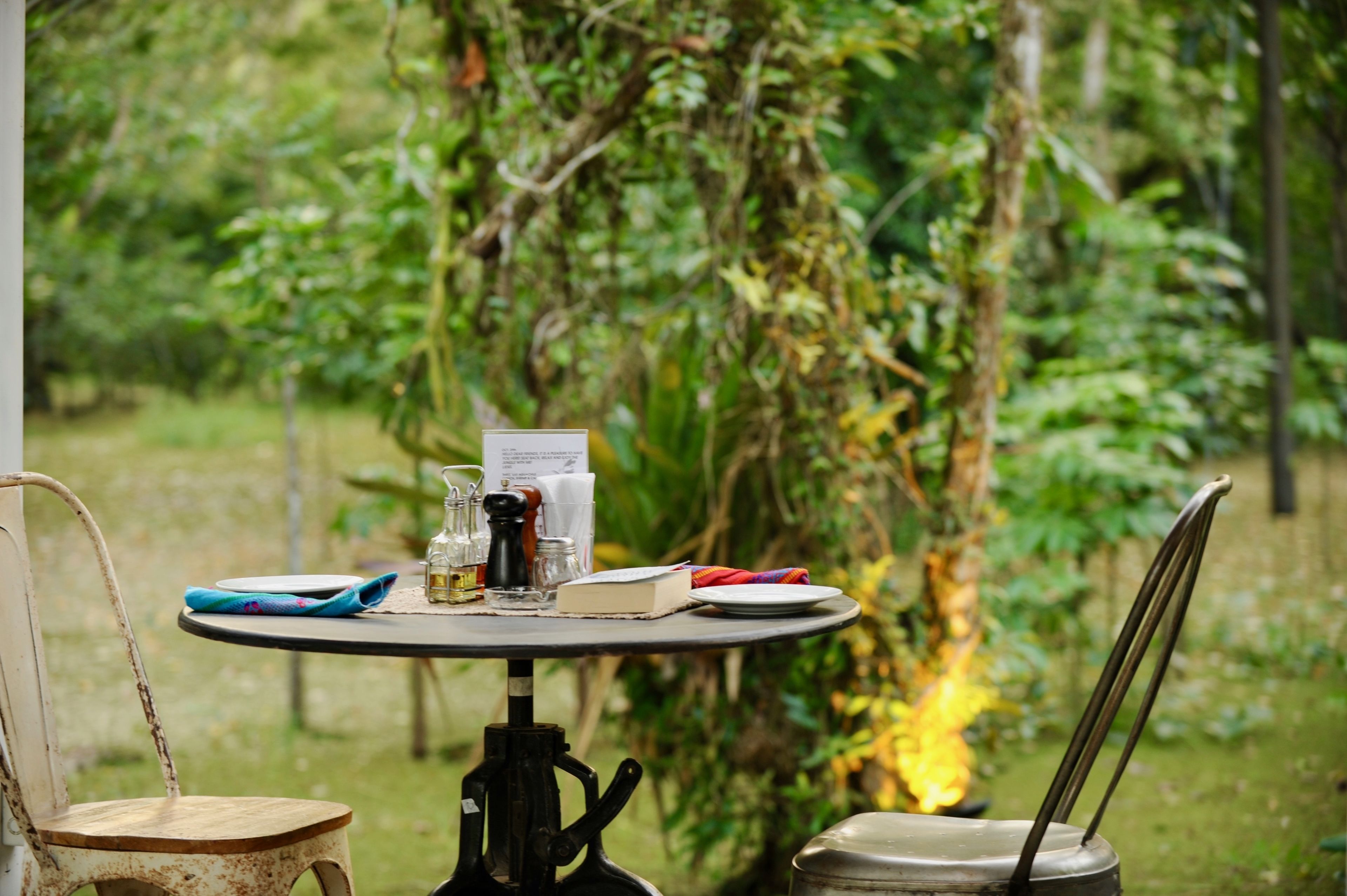 A rustic outdoor table with a menu, a bottle, and a candle, surrounded by greenery.