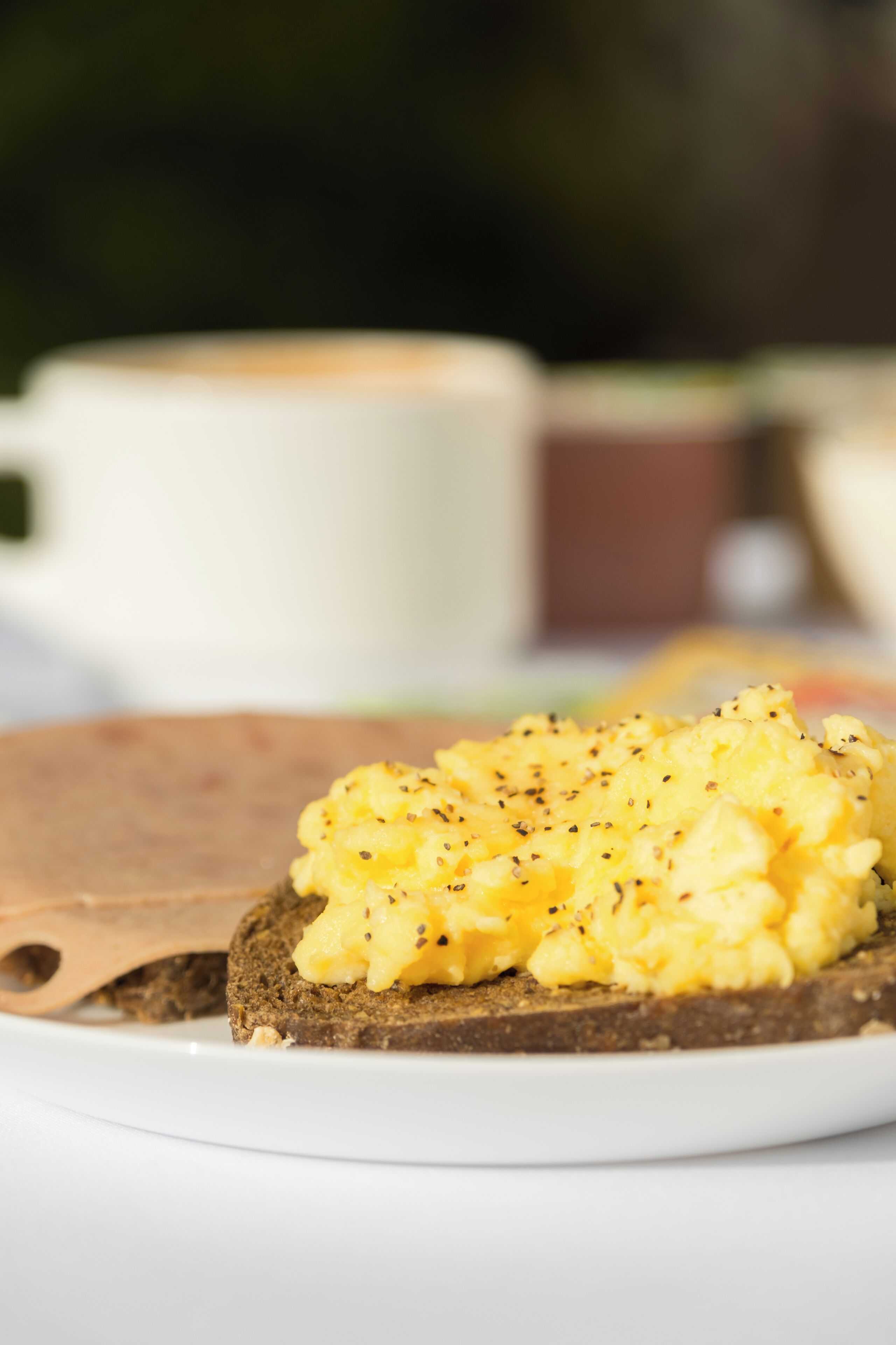 Una tostada con huevos revueltos sobre un plato blanco.