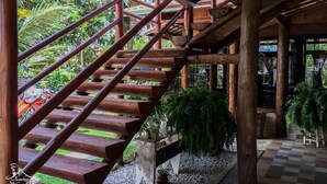 Una escalera de madera con piso a cuadros que lleva a un espacio cubierto con plantas.