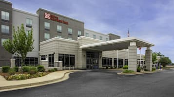 A hotel with a clear entrance, a sign reading 'Hilton Garden Inn,' and a flagpole with an American flag.