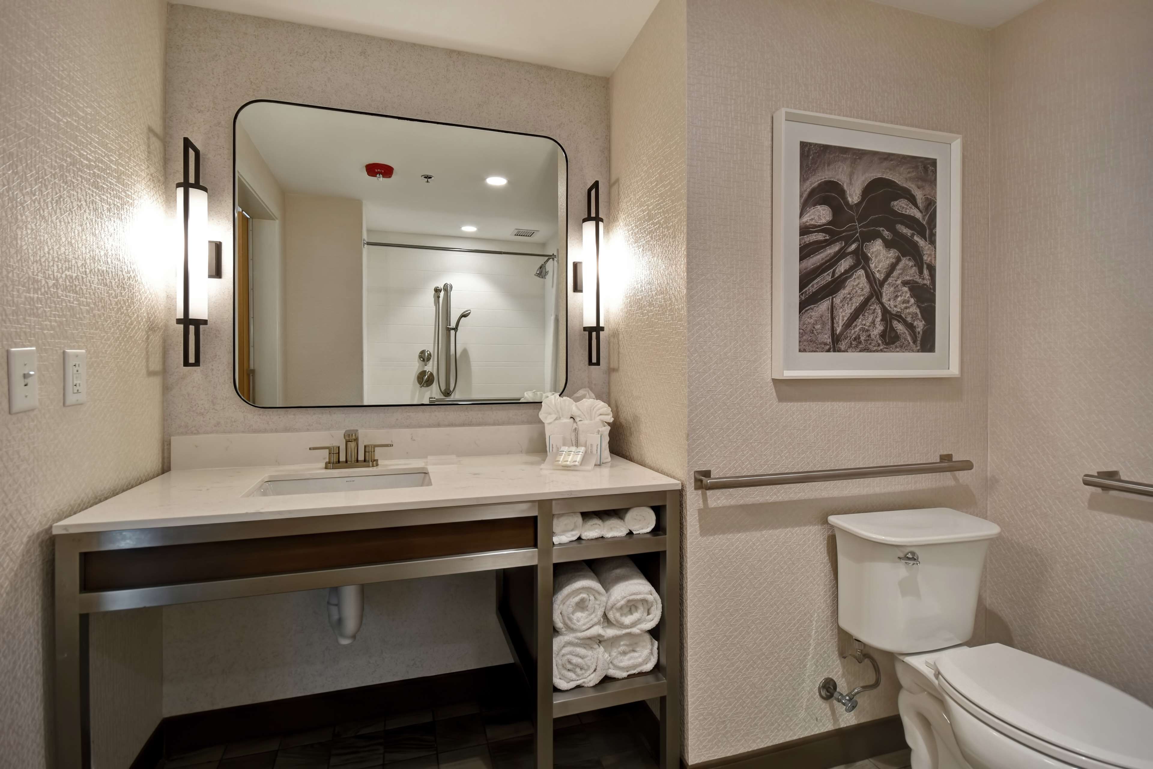 suite, 2 queen beds, accessible (mobility & hearing, roll-in shower) | bathroom | free toiletries, hair dryer, towels, soap