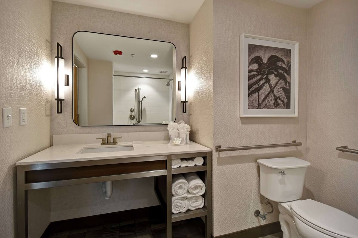 suite, 2 queen beds, accessible (mobility & hearing, roll-in shower) | bathroom | free toiletries, hair dryer, towels, soap