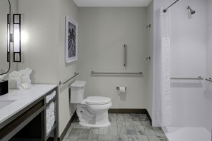 スイート クイーンベッド 2 台 バリアフリー (Mobility & Hearing, Roll-in Shower) | バスルーム | バスアメニティ (無料)、ヘアドライヤー、タオル、石鹸