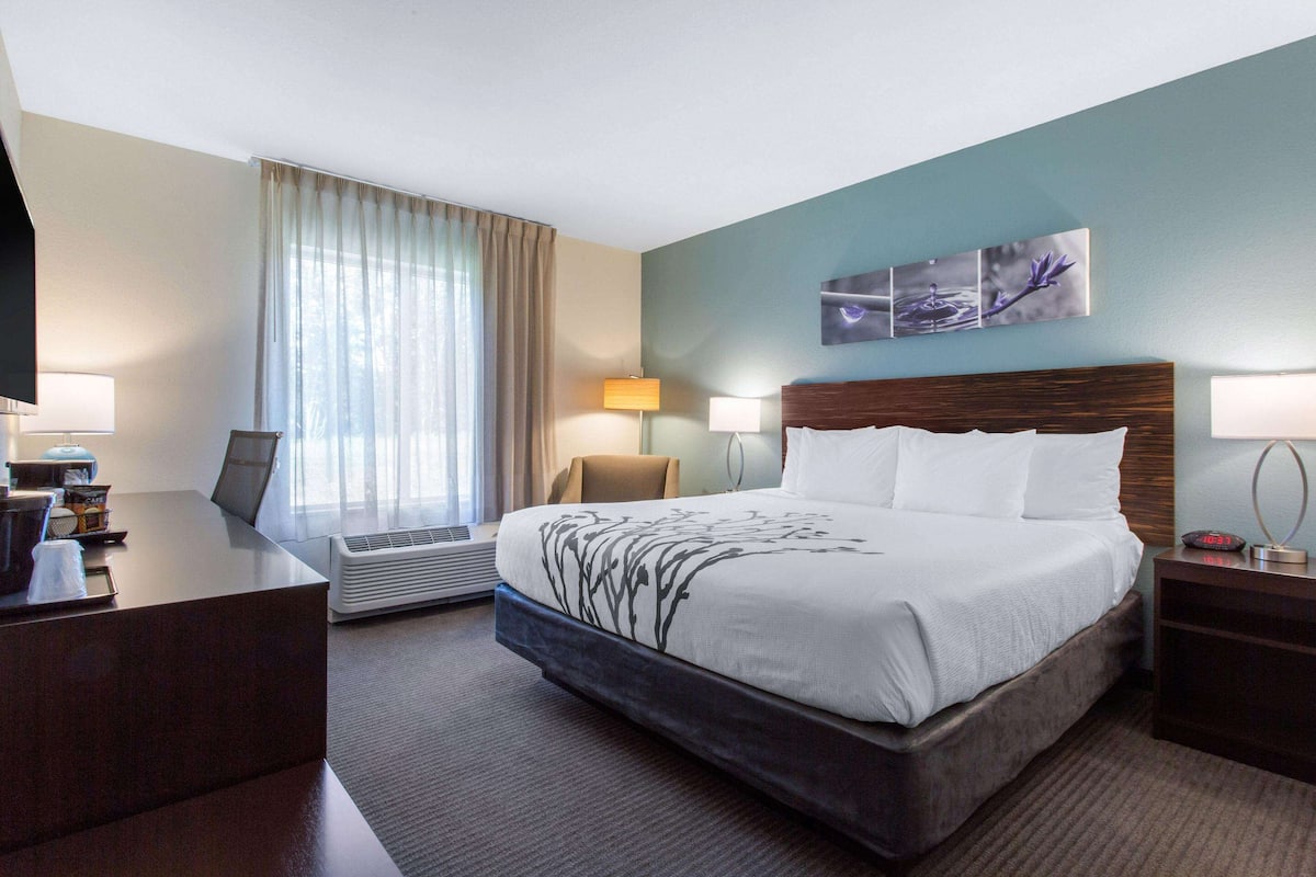 A hotel room with a large bed, a desk, a chair, a desk lamp, a wall-mounted TV, and a window with curtains.