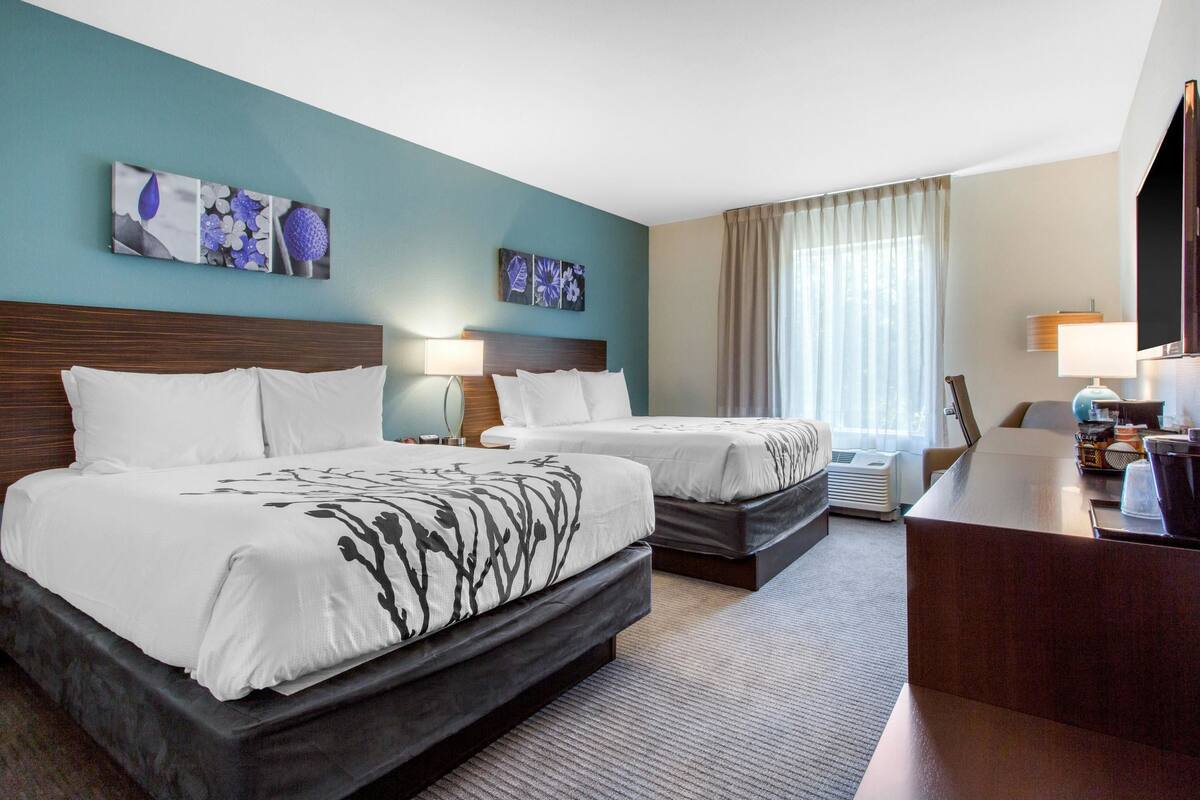 A hotel room with two beds, a desk, and a TV.