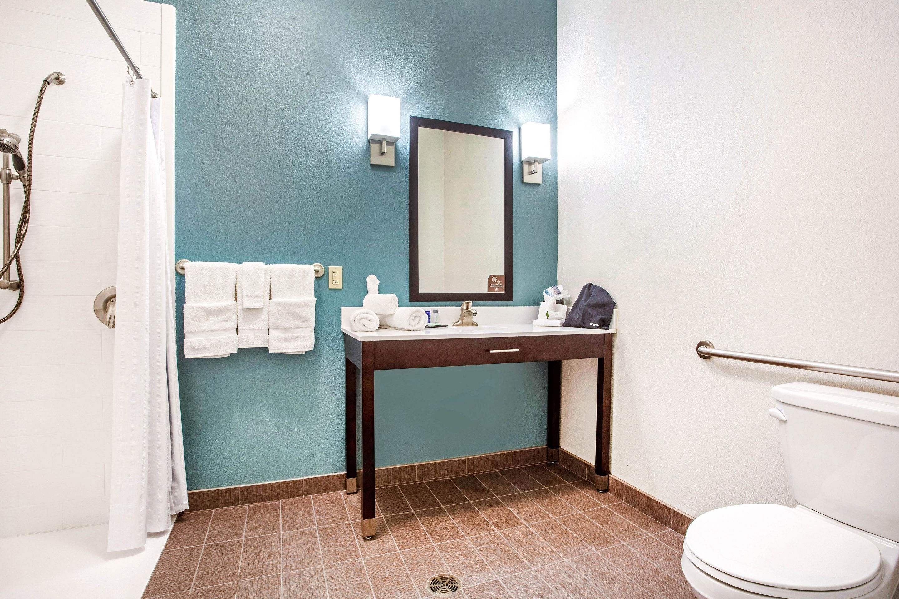 Un baño con ducha, lavabo con espejo e inodoro.