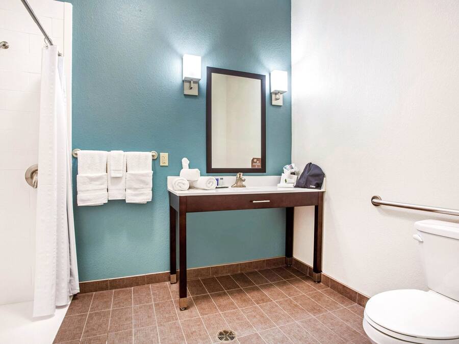 Un baño con ducha, lavabo con espejo e inodoro.