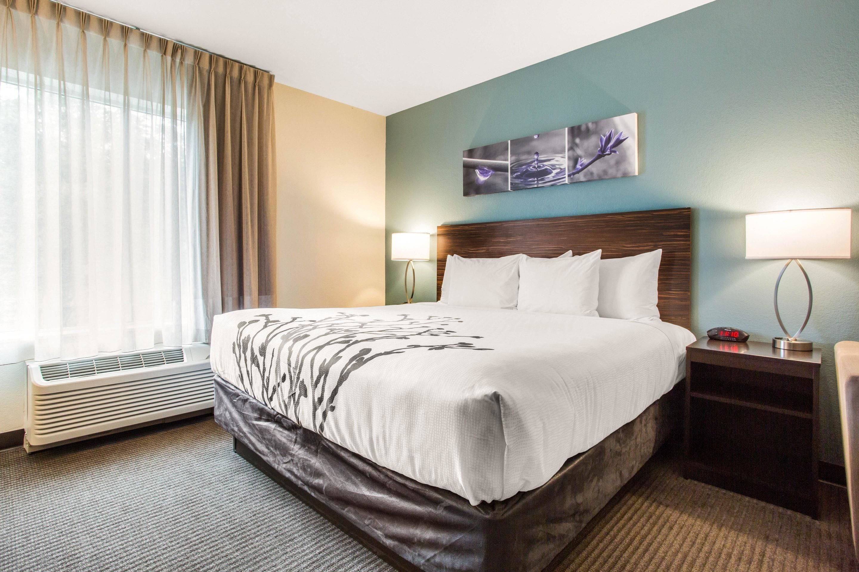Quarto de hotel com uma cama grande, uma mesa de cabeceira com abajur, uma obra de arte na parede e uma janela com cortinas.