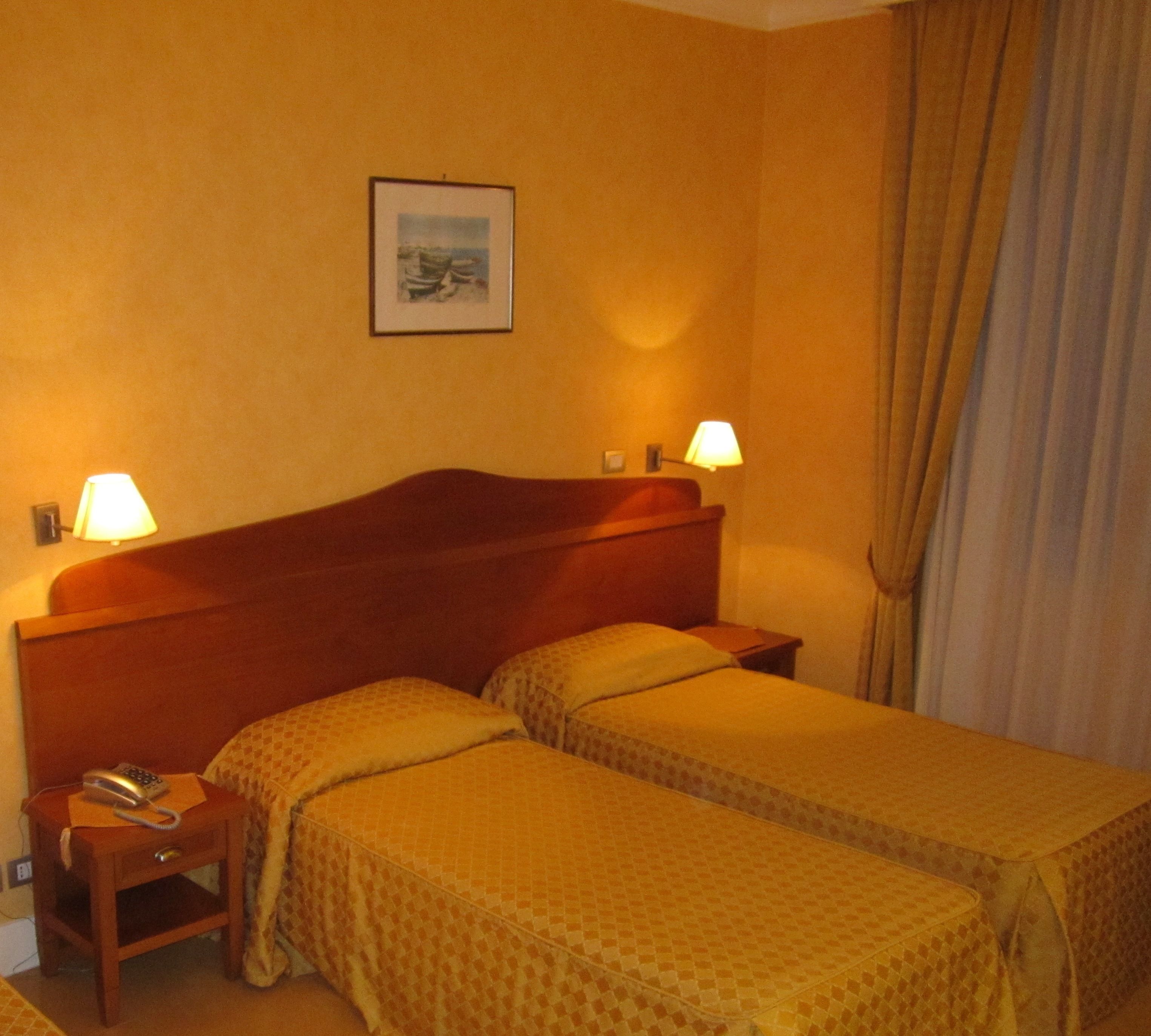 A hotel room with two single beds, a wooden headboard, bedside lamps, a telephone, and a framed picture on the wall.