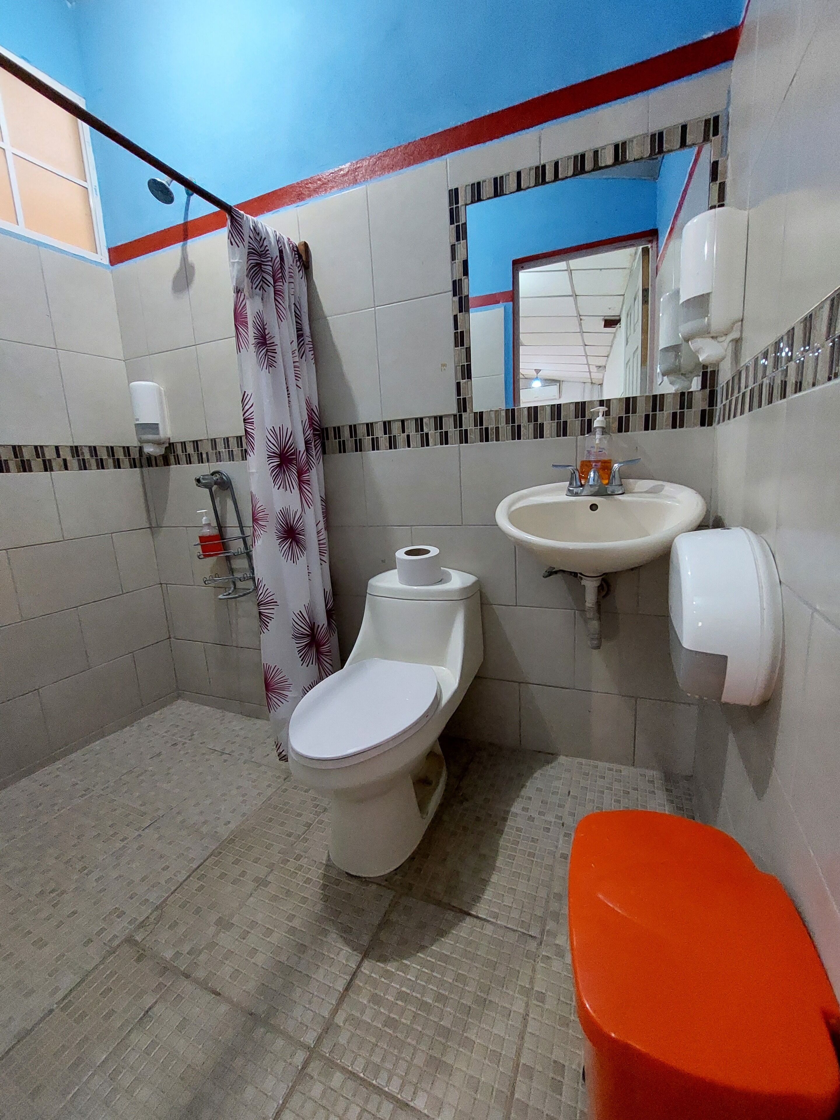 A bathroom with a toilet, sink, and shower curtain.