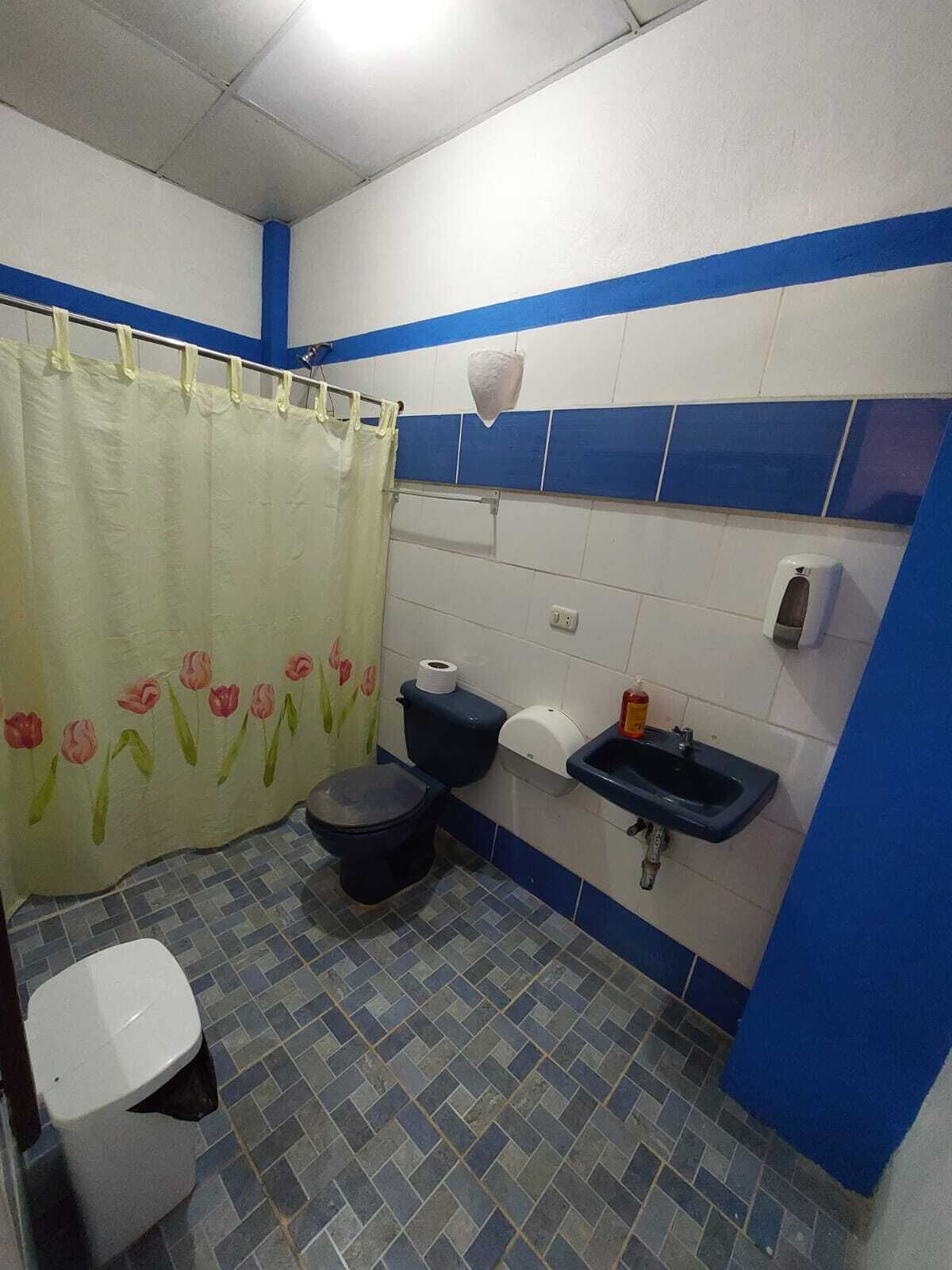 Une salle de bain équipée de toilettes, d’un bidet et d’un lavabo.