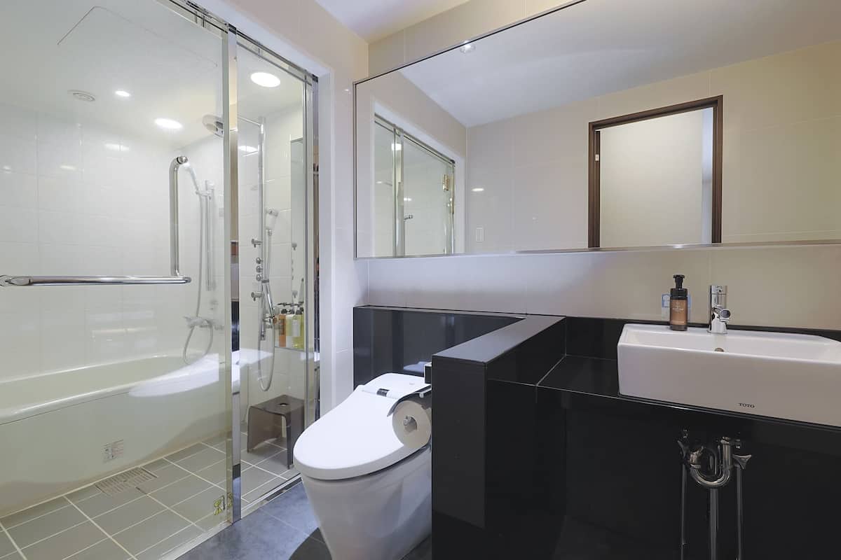 combined shower/bathtub, free toiletries, hair dryer, slippers