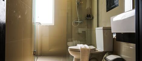A modern bathroom with a glass-enclosed shower, a toilet, and a trash bin.