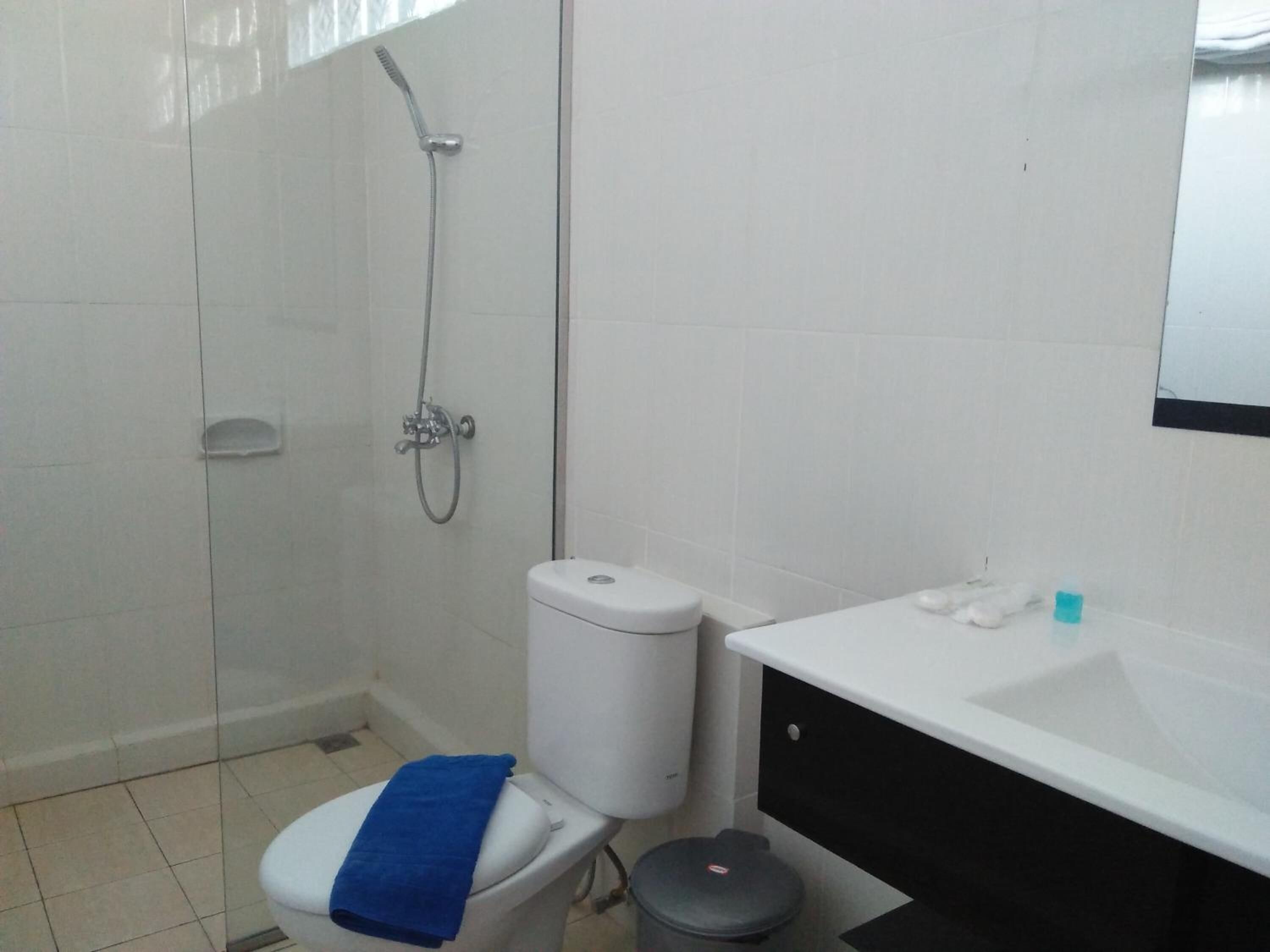 Un baño con inodoro, ducha y lavamanos.