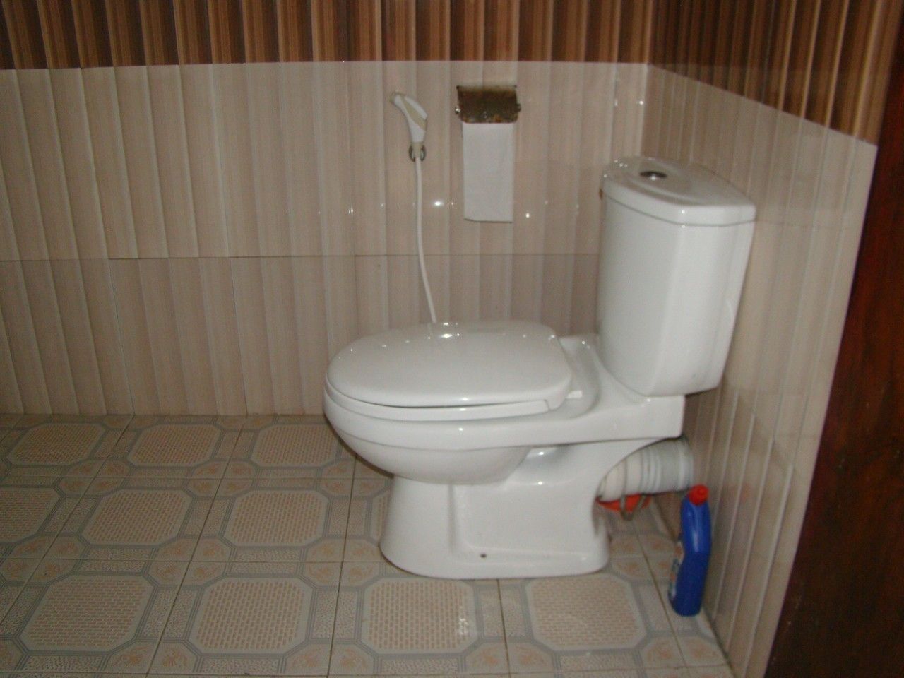 Un baño estándar con inodoro, cabezal de ducha y dispensador de papel higiénico en la pared.
