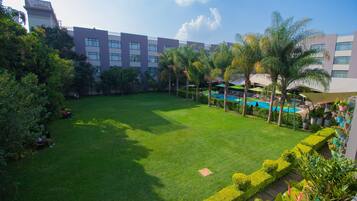 Outdoor pool, pool umbrellas, pool loungers