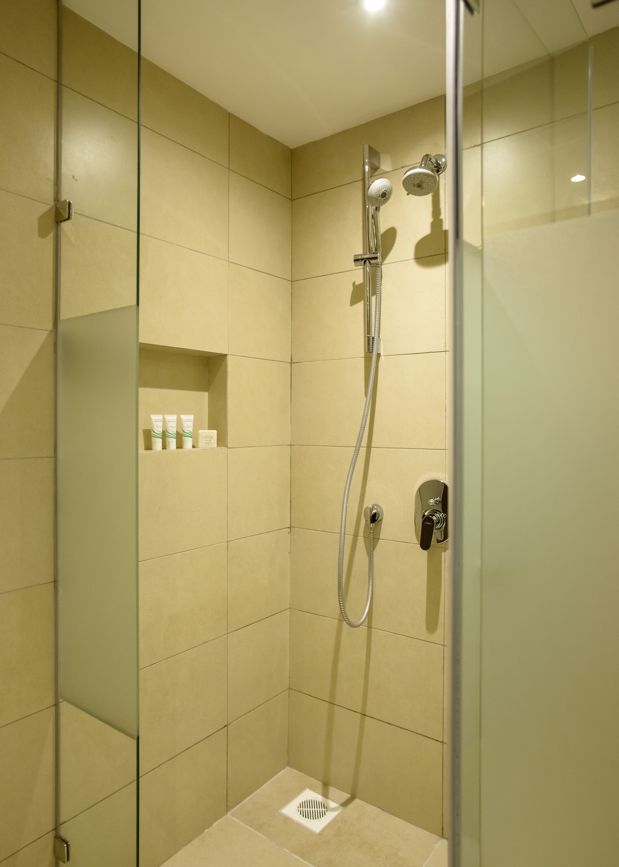 A glass-enclosed shower with a handheld showerhead and a wall-mounted faucet.