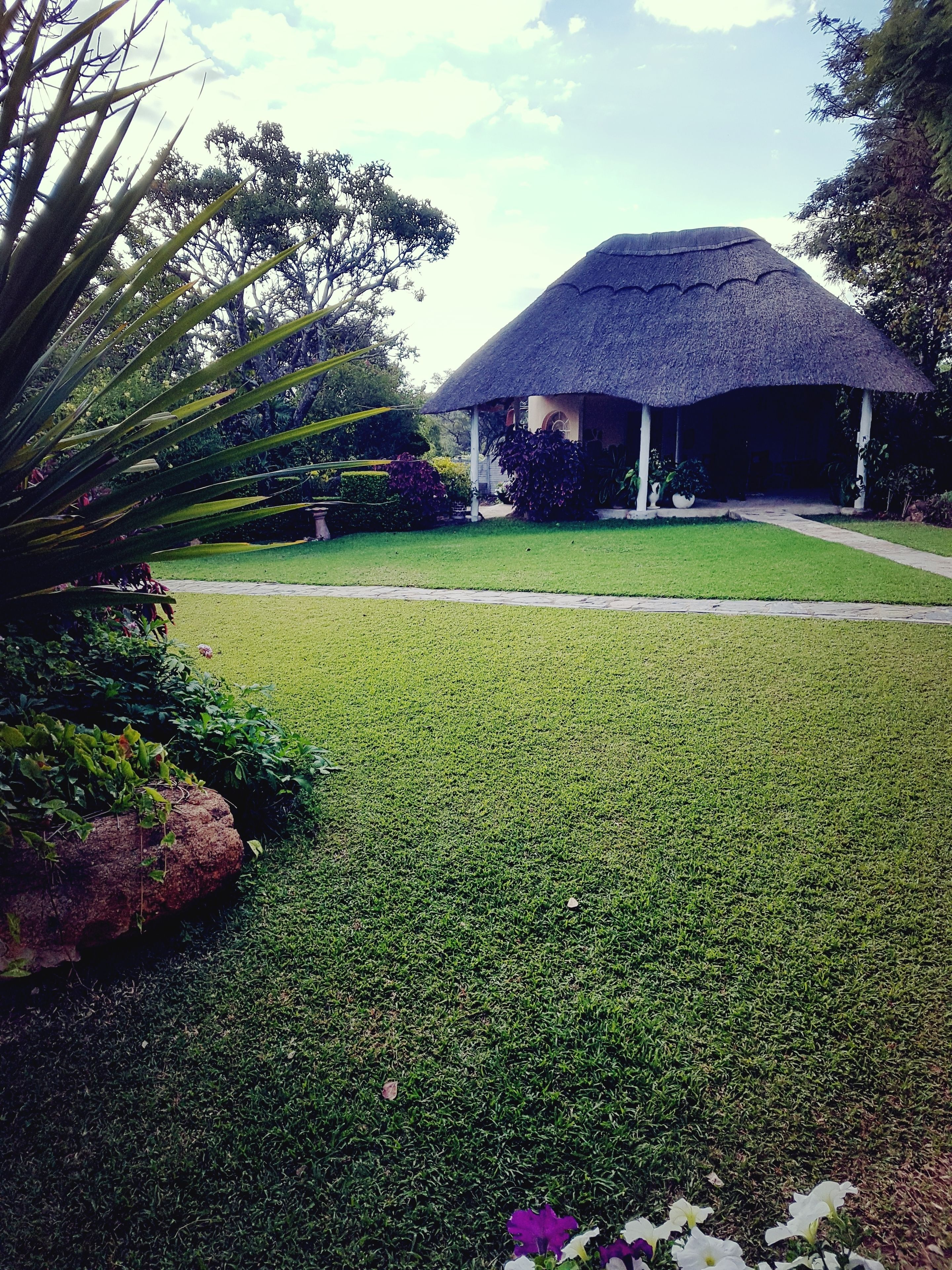 A thatched-roof structure with a well-maintained lawn and surrounding greenery.