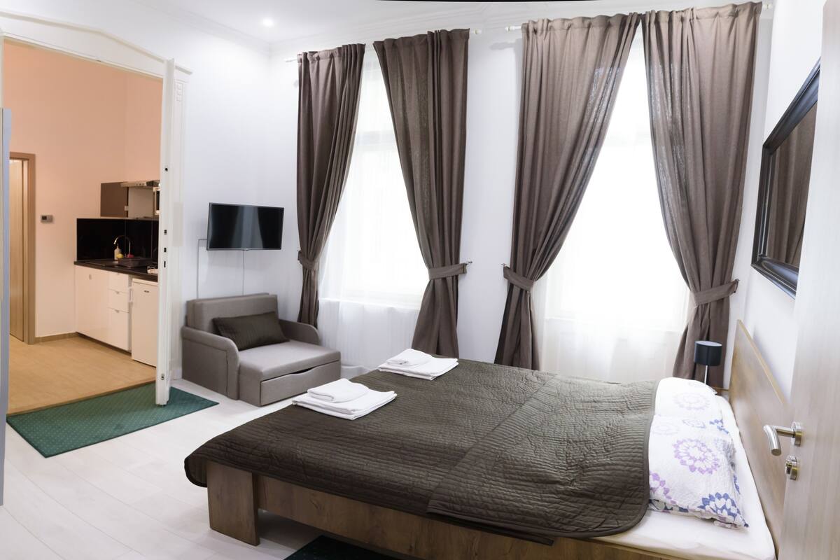 Ein Schlafzimmer mit Bett, einer Couch, einem Fernseher und einer Küchenzeile.
