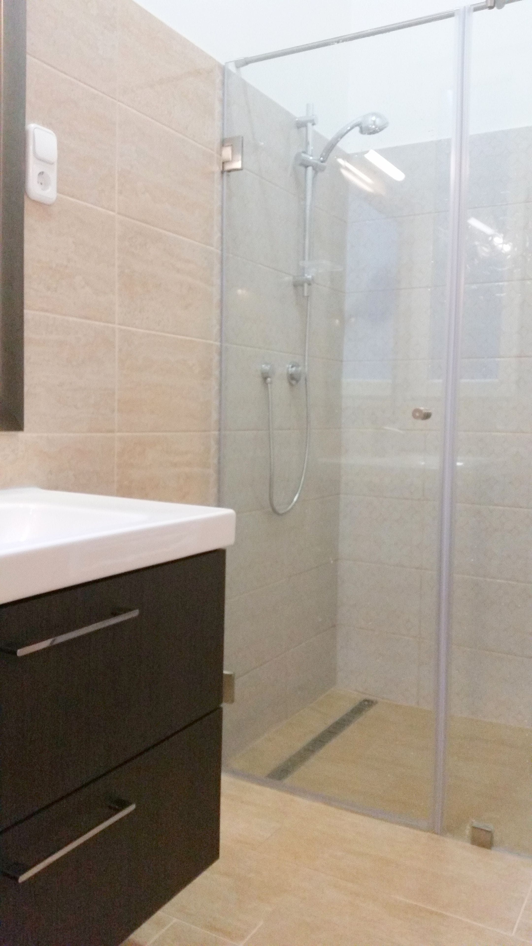 A bathroom with a glass shower enclosure, a white countertop, and a dark-colored cabinet.