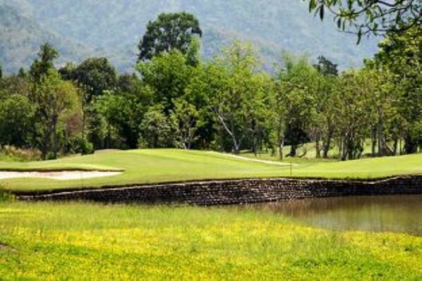 Un campo de golf con un estanque, árboles y un muro de piedra.