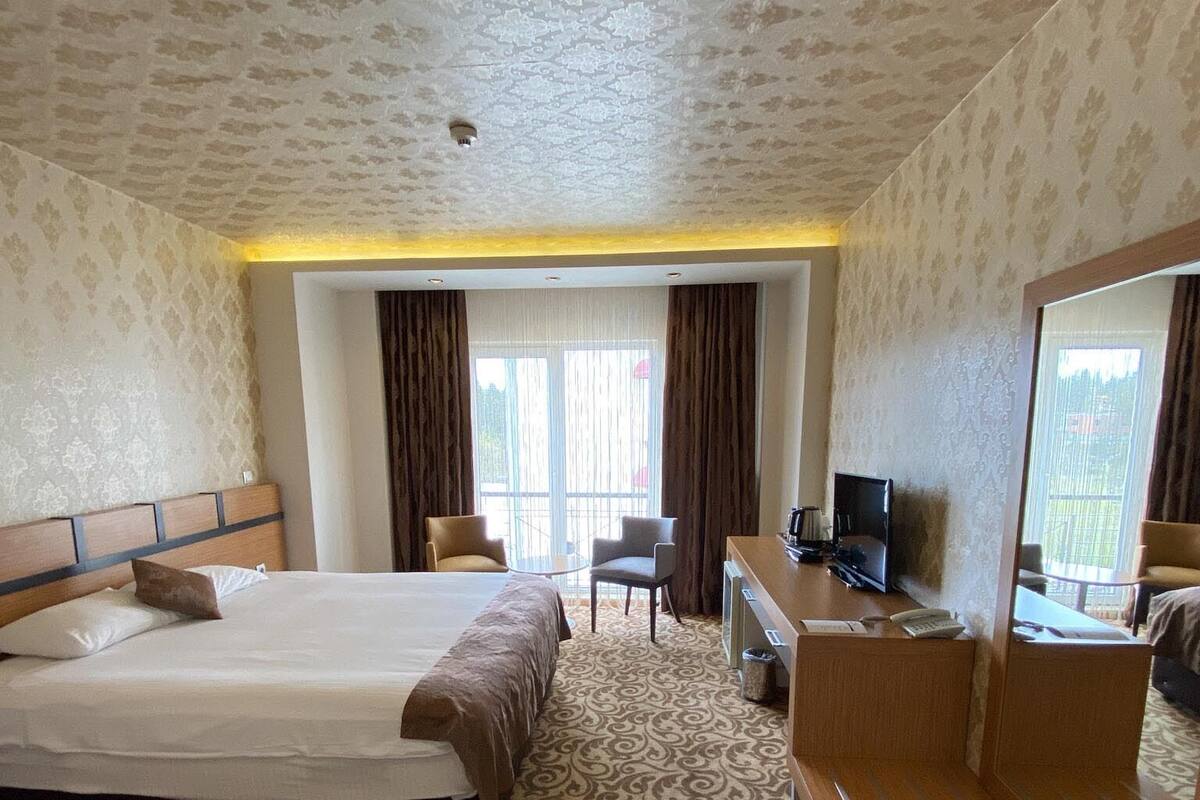 Una habitación de hotel con una cama grande, un escritorio con computadora, una silla y un sofá.