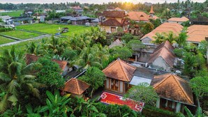A village with traditional houses and a temple, surrounded by lush greenery and fields. - Ume Sri Villas Ubud (Ubud)