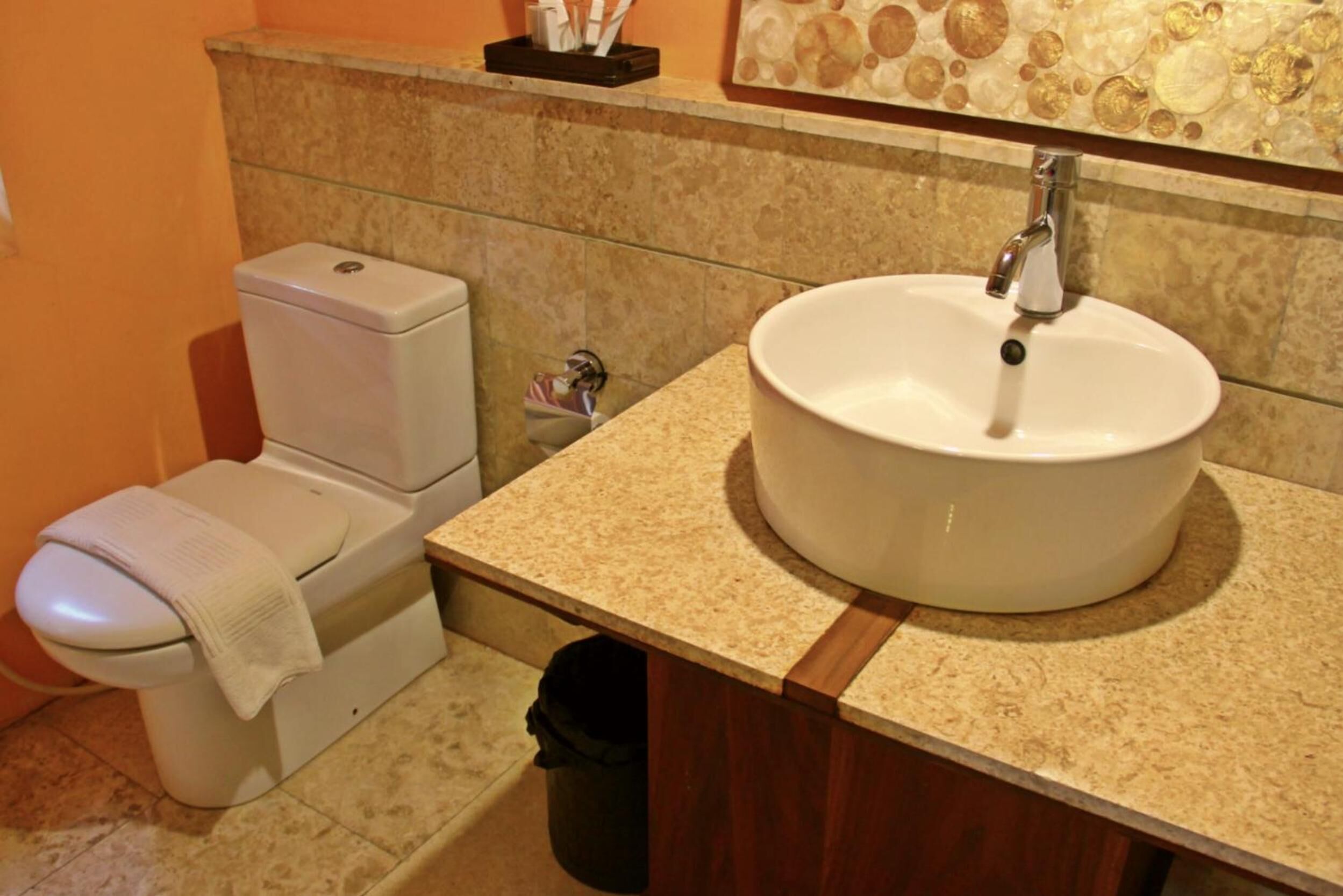 A bathroom with a toilet, sink, and trash bin.