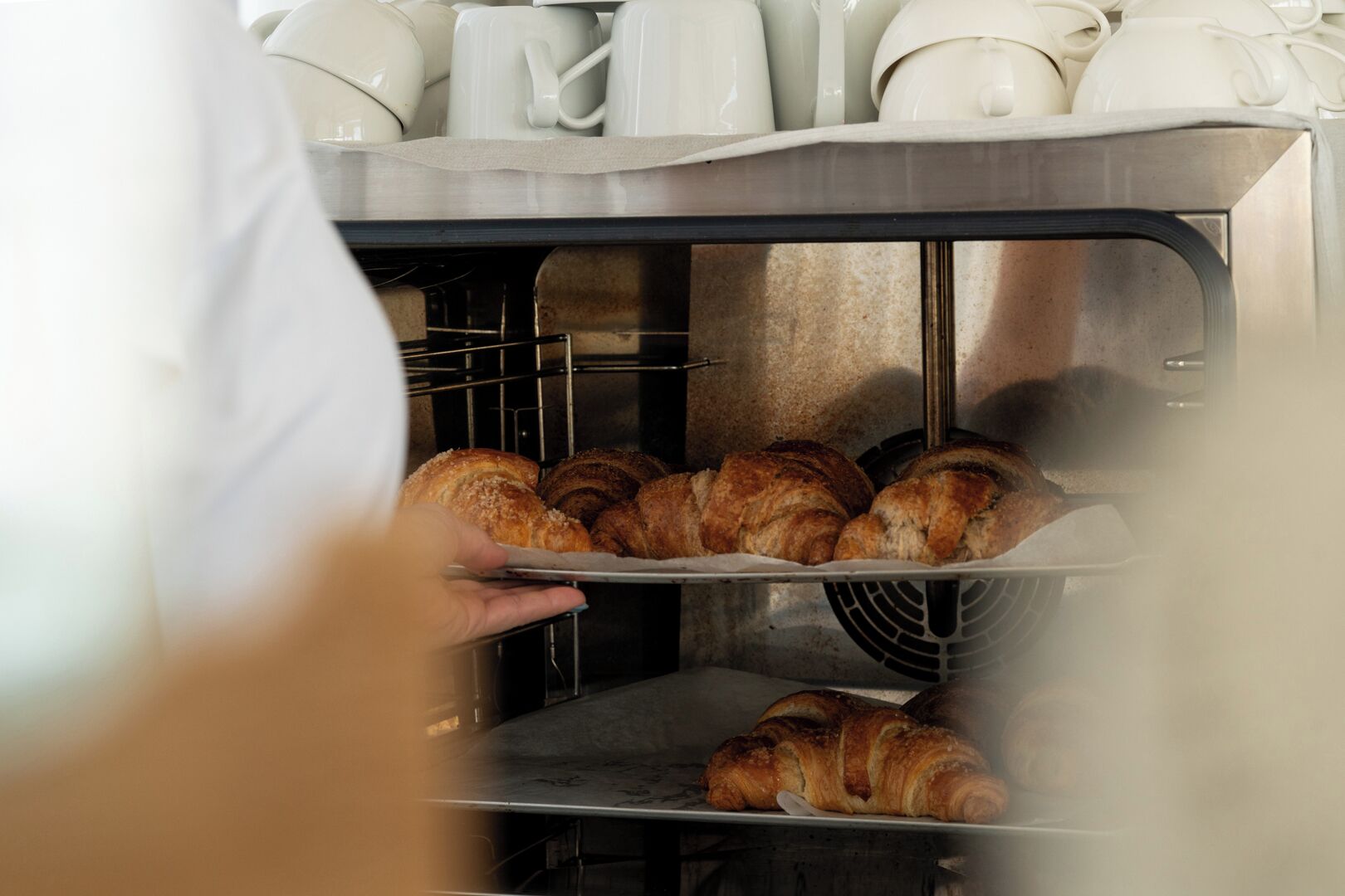 A person holding a tray with croissants in an oven.