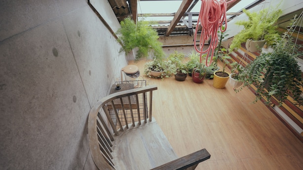 A wooden bench in a room with a concrete wall, wooden floor, and several potted plants. - LeuLeu Hostel 2 (Xuan Huong - Da Lat)