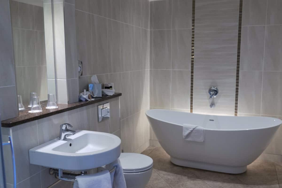 combined shower/bathtub, free toiletries, hair dryer, bathrobes