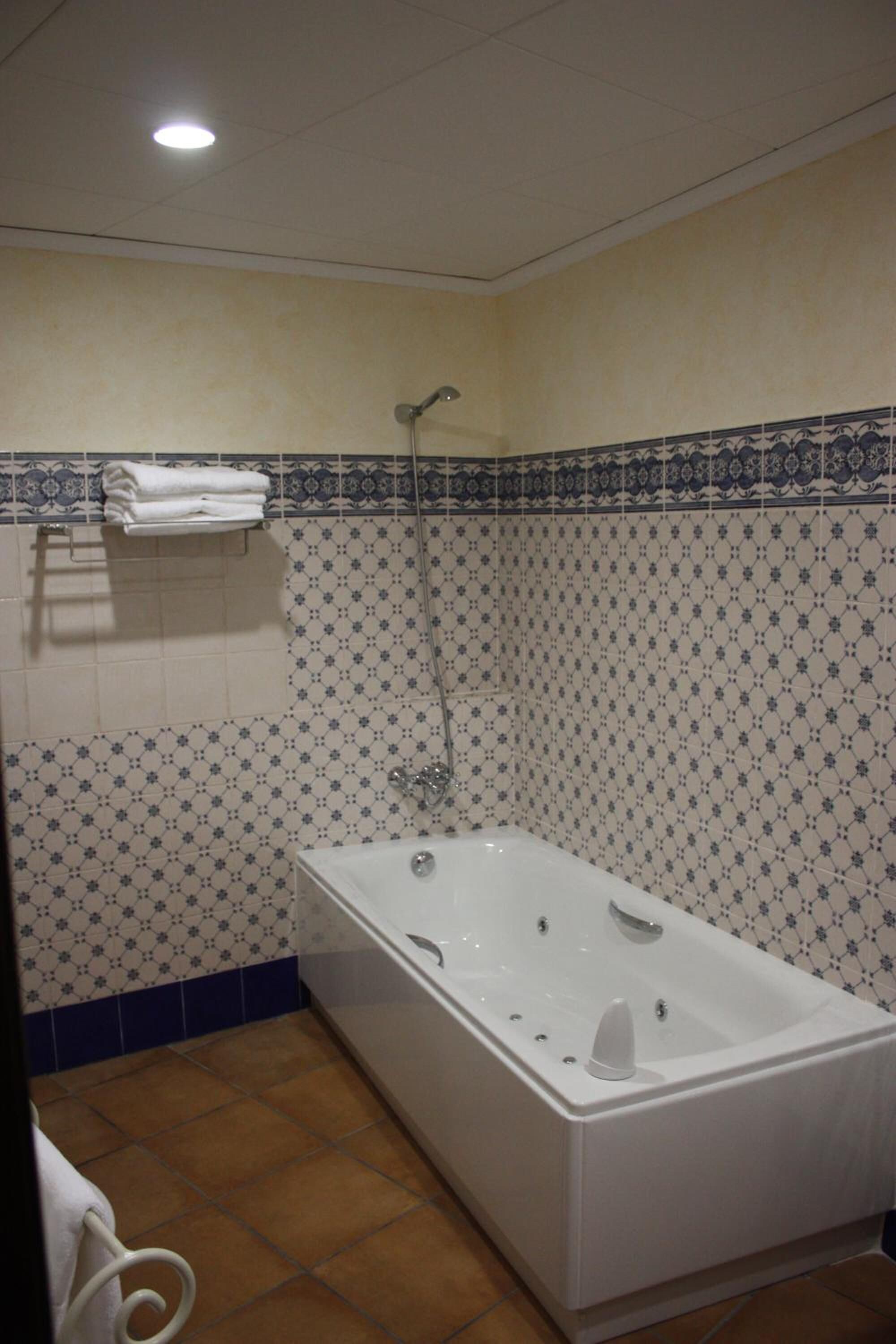 Un baño con bañera, ducha y barra para toallas.