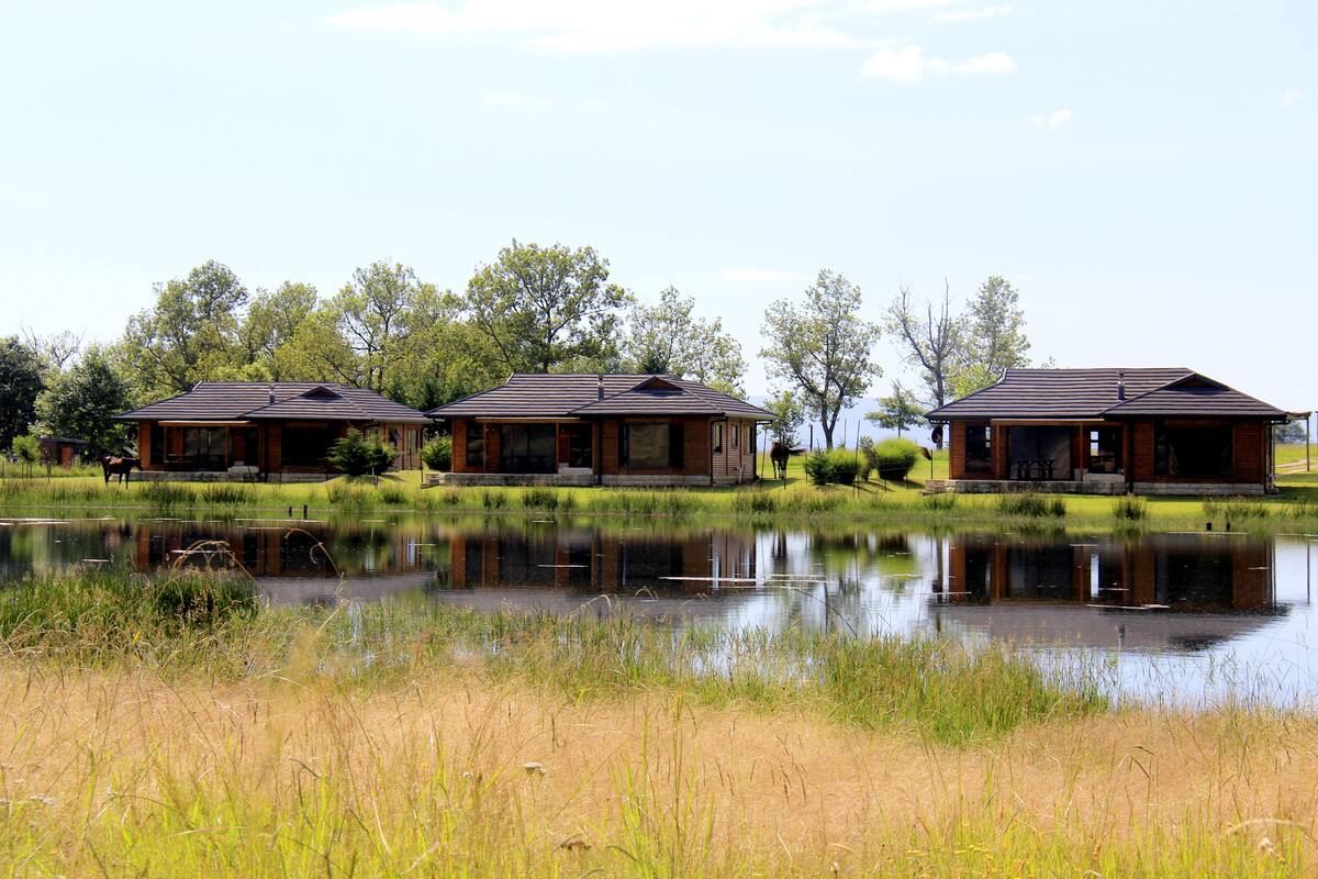 Three wooden cabins with a pond in the foreground.