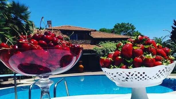A table with a glass bowl of cherries and a basket of strawberries by a poolside. - All'ombra del palmeto (Taranto)