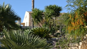 A garden with palm trees, a rock wall, and a building with a sloped roof. - Antica Masseria Timparuci (Modica)