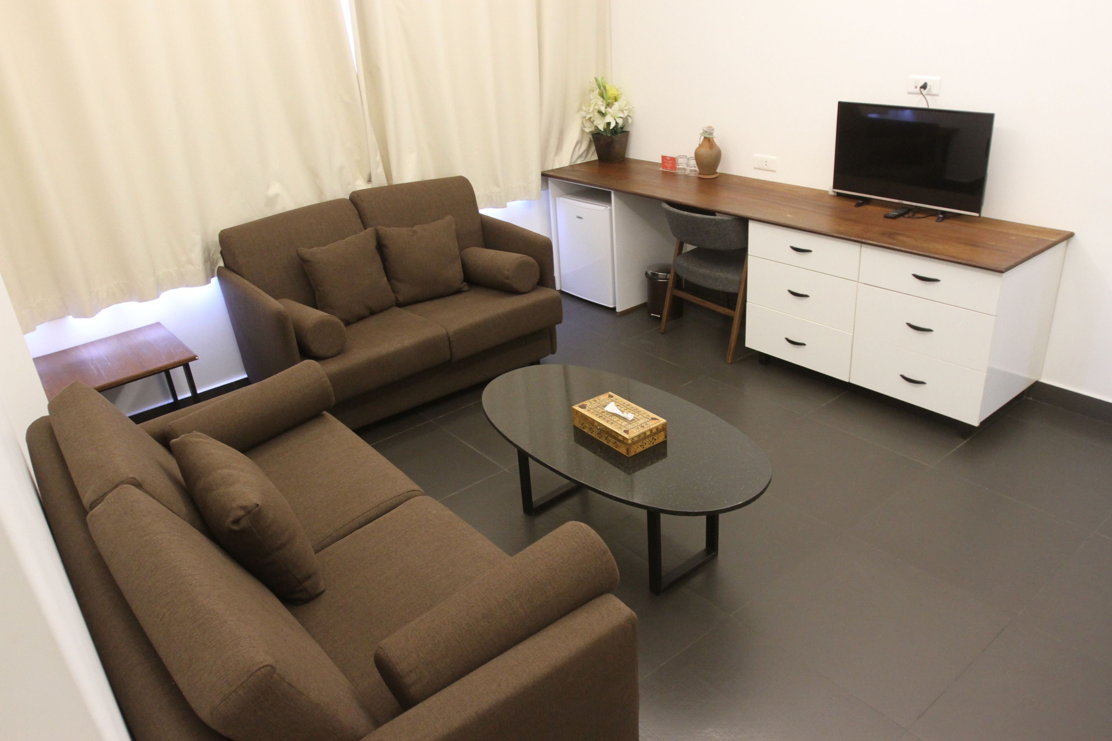 Una sala de estar moderna con un sofá marrón, una mesa de centro, un televisor, un escritorio pequeño y un armario.