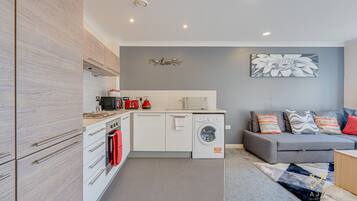 Full-sized fridge, microwave, oven, stovetop