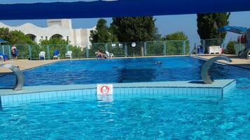 Seasonal outdoor pool, pool umbrellas, pool loungers