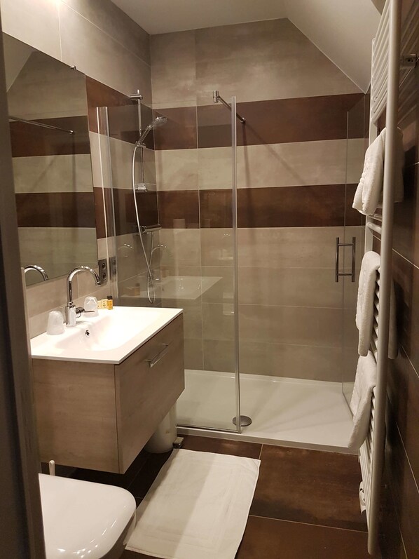 Une salle de bain moderne avec une douche à parois de verre, un lavabo blanc et des toilettes.