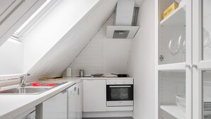 Una cocina compacta con horno integrado, un lavabo y una pequeña encimera.