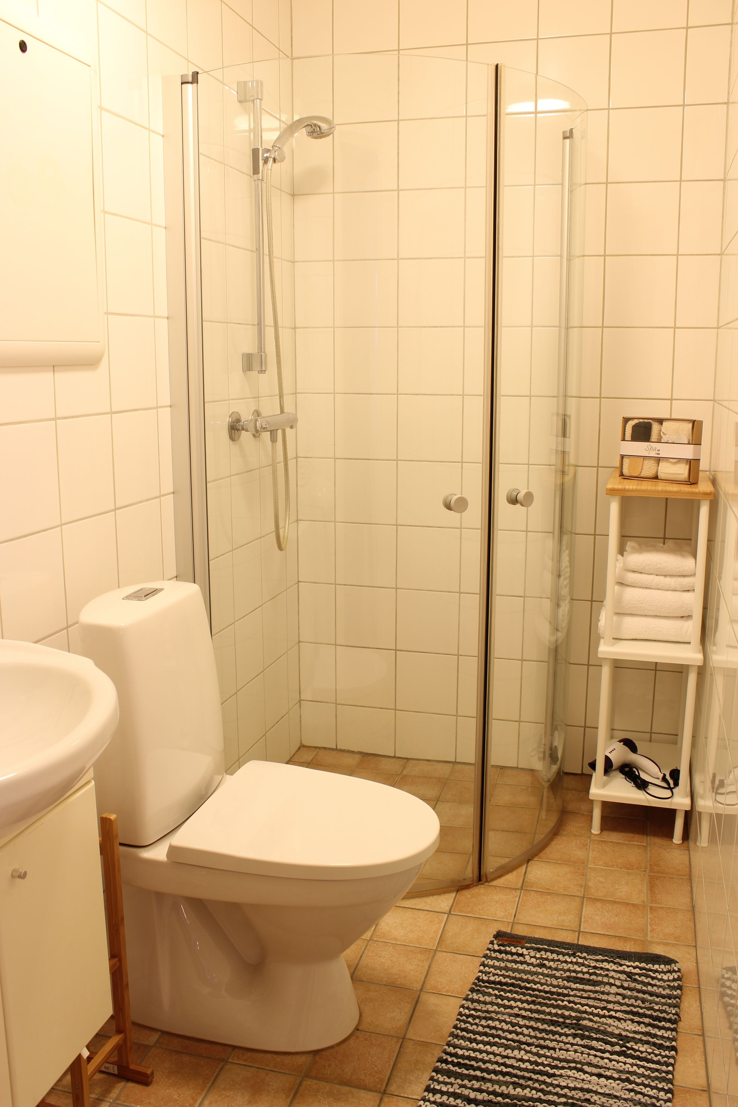 Et badeværelse med toilet, brusekabine og håndklædetørrestativ.
