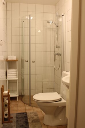 Un baño con ducha de vidrio, inodoro y repisa con toallas.