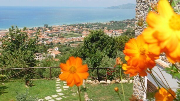 A coastal town with a stone building, a stone pathway, and orange flowers in the foreground. - Relais da Clorinda (Ascea)