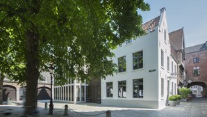 Een straat met cobblestones, een wit gebouw, een boom en een hek van gaas.