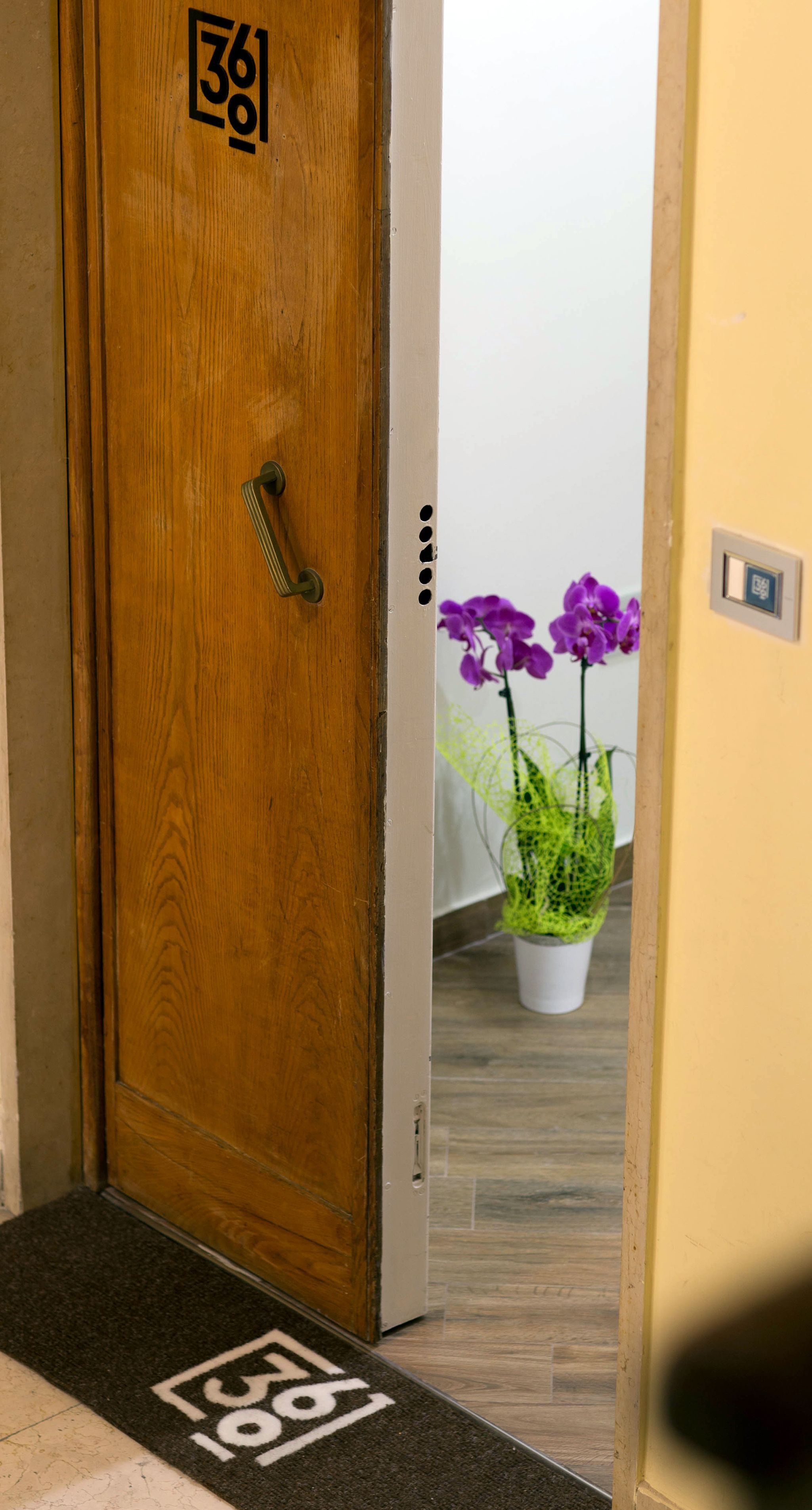 A wooden door with a handle, a doormat with a number, and a potted plant with purple flowers.