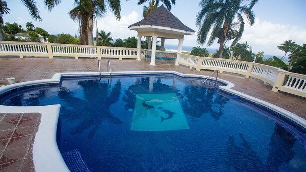 A swimming pool with a gazebo and palm trees in the background. - Steel Love Villa (Montego Bay)
