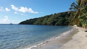 Una playa con aguas transparentes, una orilla arenosa y una colina con vegetación densa.