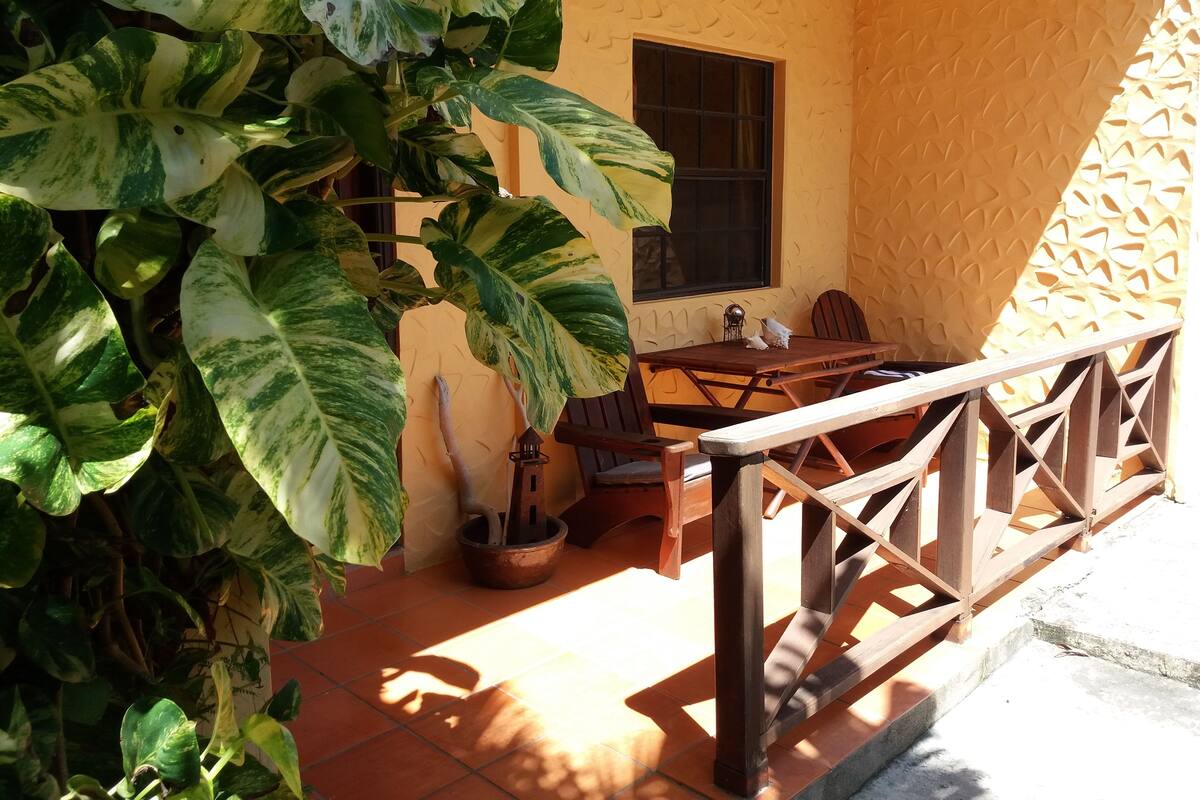 Eine Terrasse mit Holztisch und -stühlen, einem Blumentopf und einem Fenster mit strukturierter Wand.