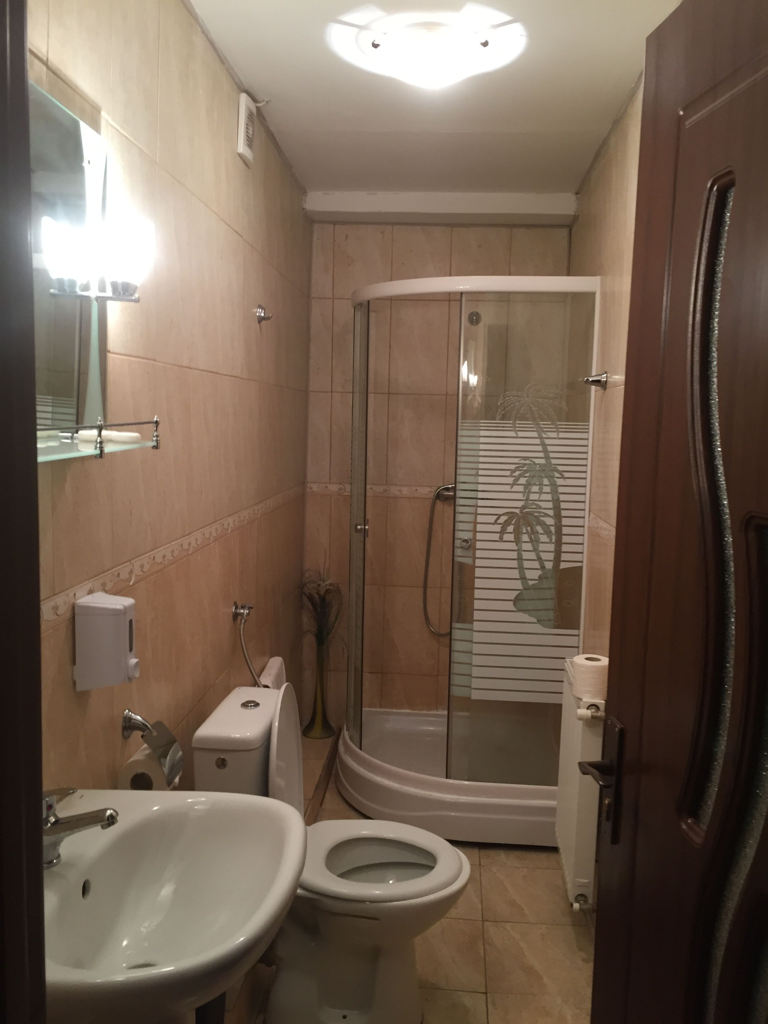 Un baño con ducha de vidrio, lavamanos, inodoro y espejo.