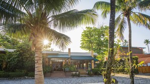 A tropical resort with palm trees, a cobblestone pathway, and a building with a green roof.